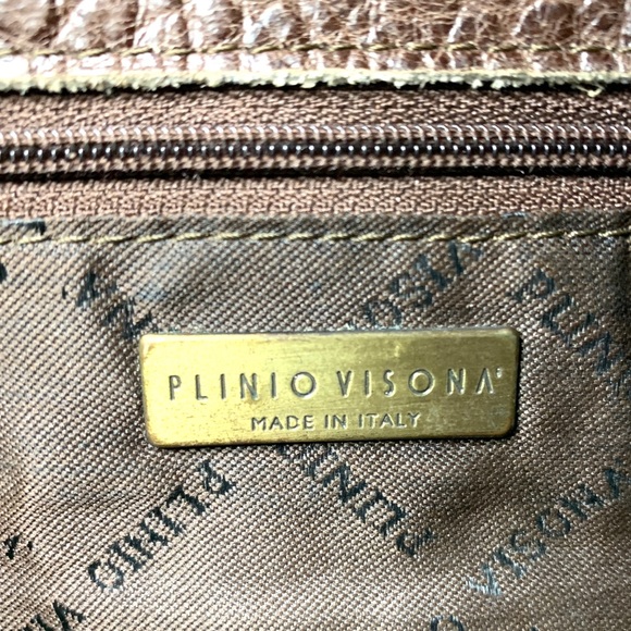 Plinio Visona Italian Brown Textured Leather Large Shoulder Bag Braided Handles - Picture 12 of 13